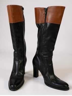 GAETANO Black Leather Knee-High Boots with Brown Cuff ITALY
